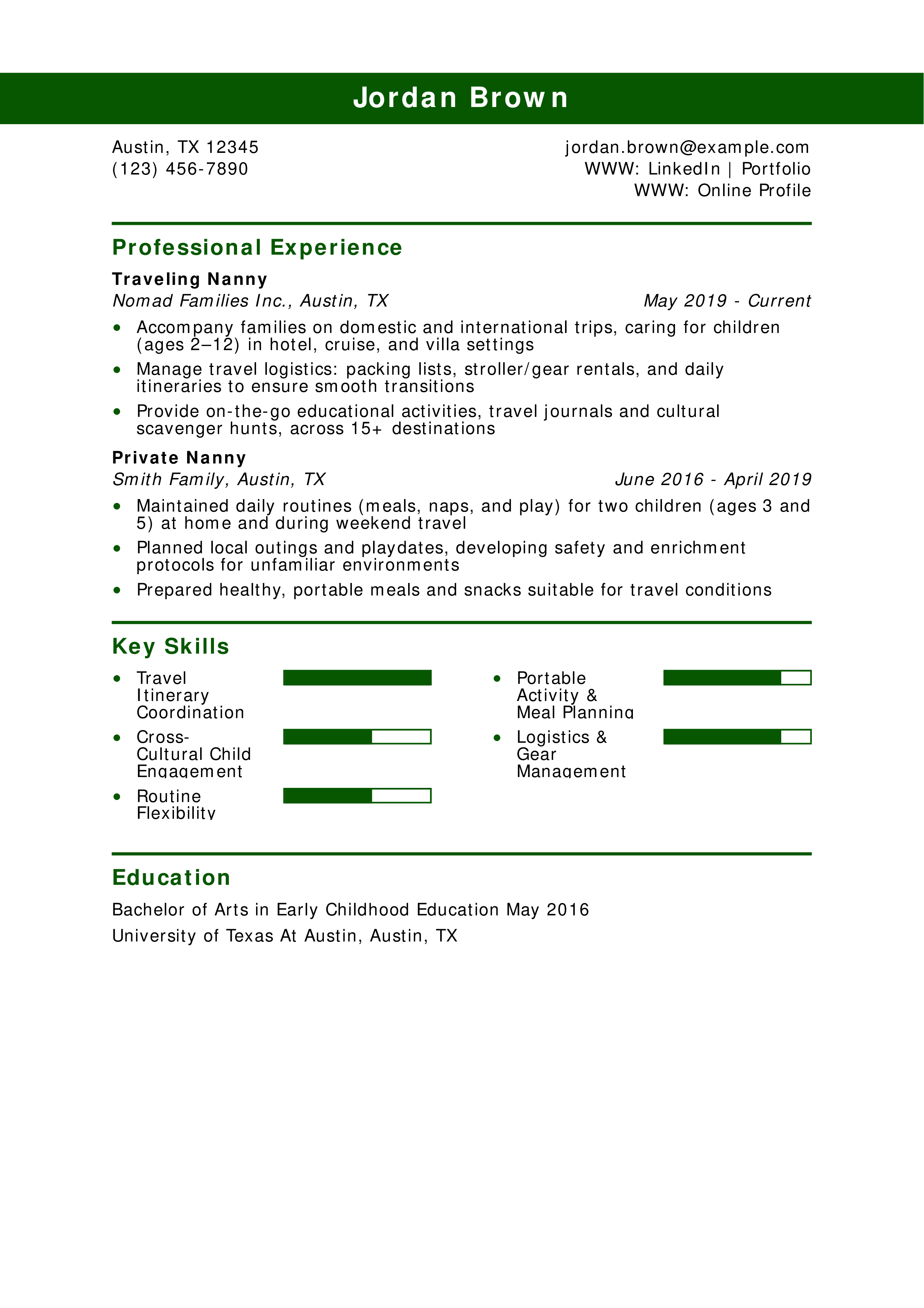 Traveling Nanny Resume
