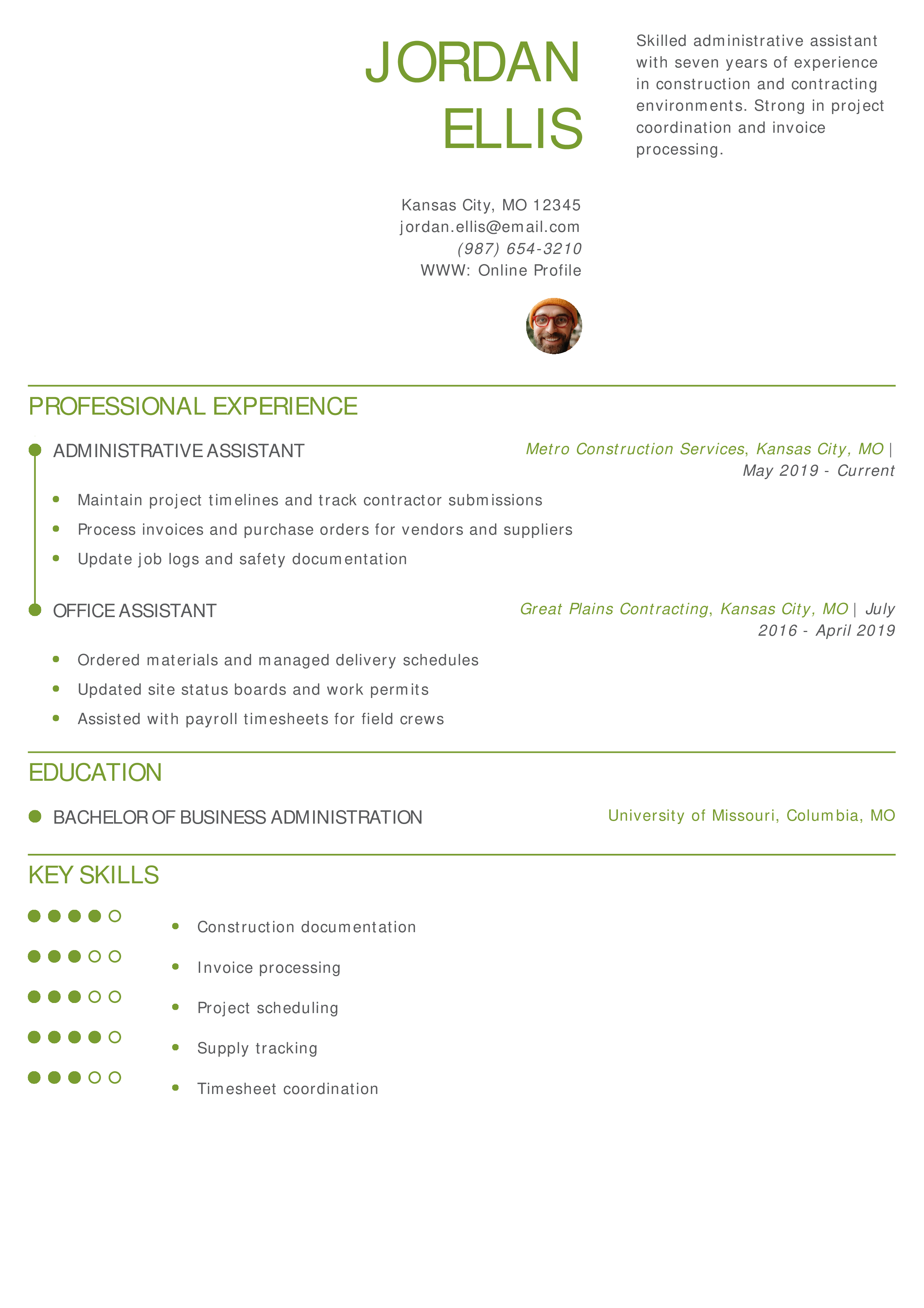 Construction Administrative Assistant Resume
