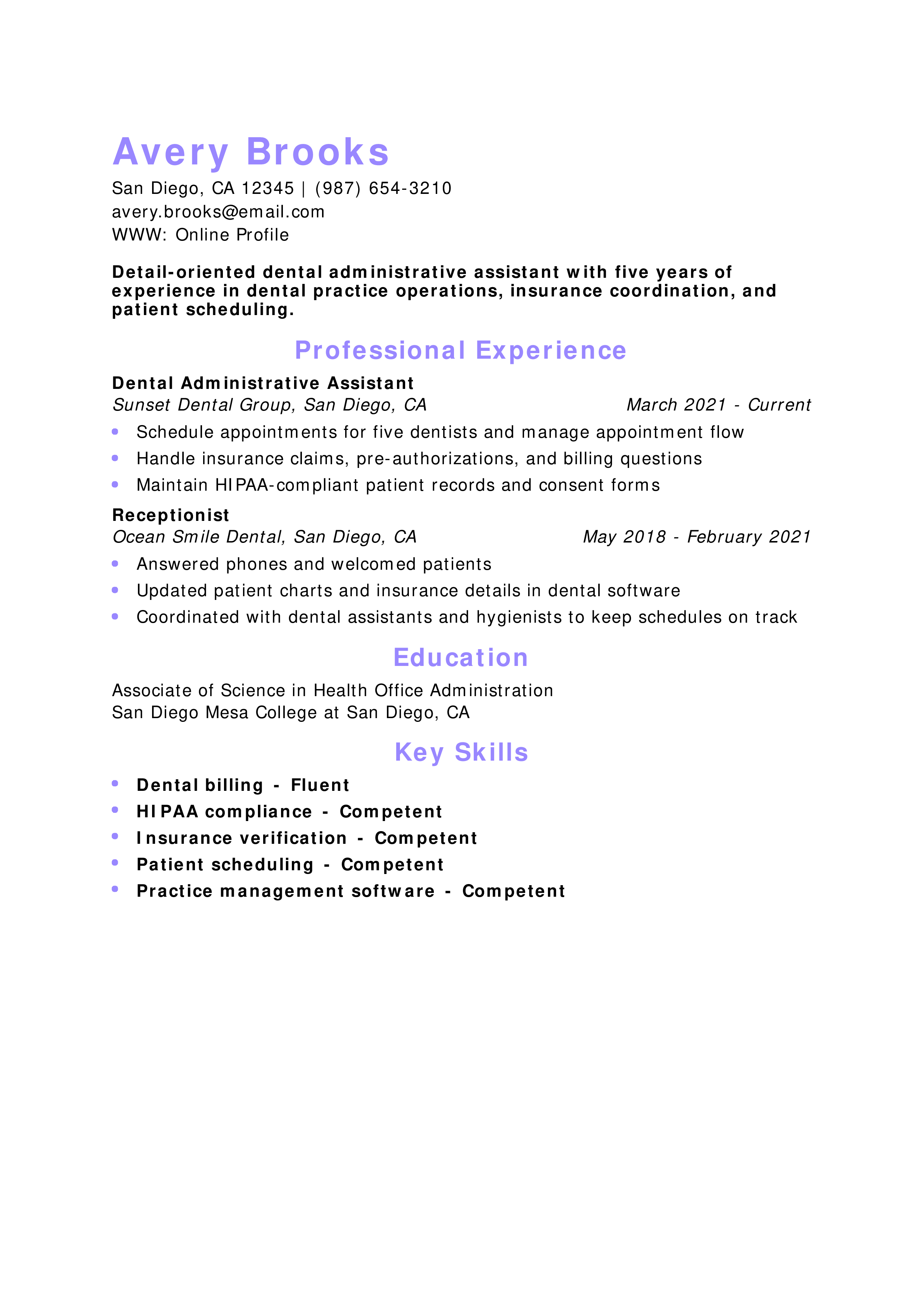 Dental Administrative Assistant Resume