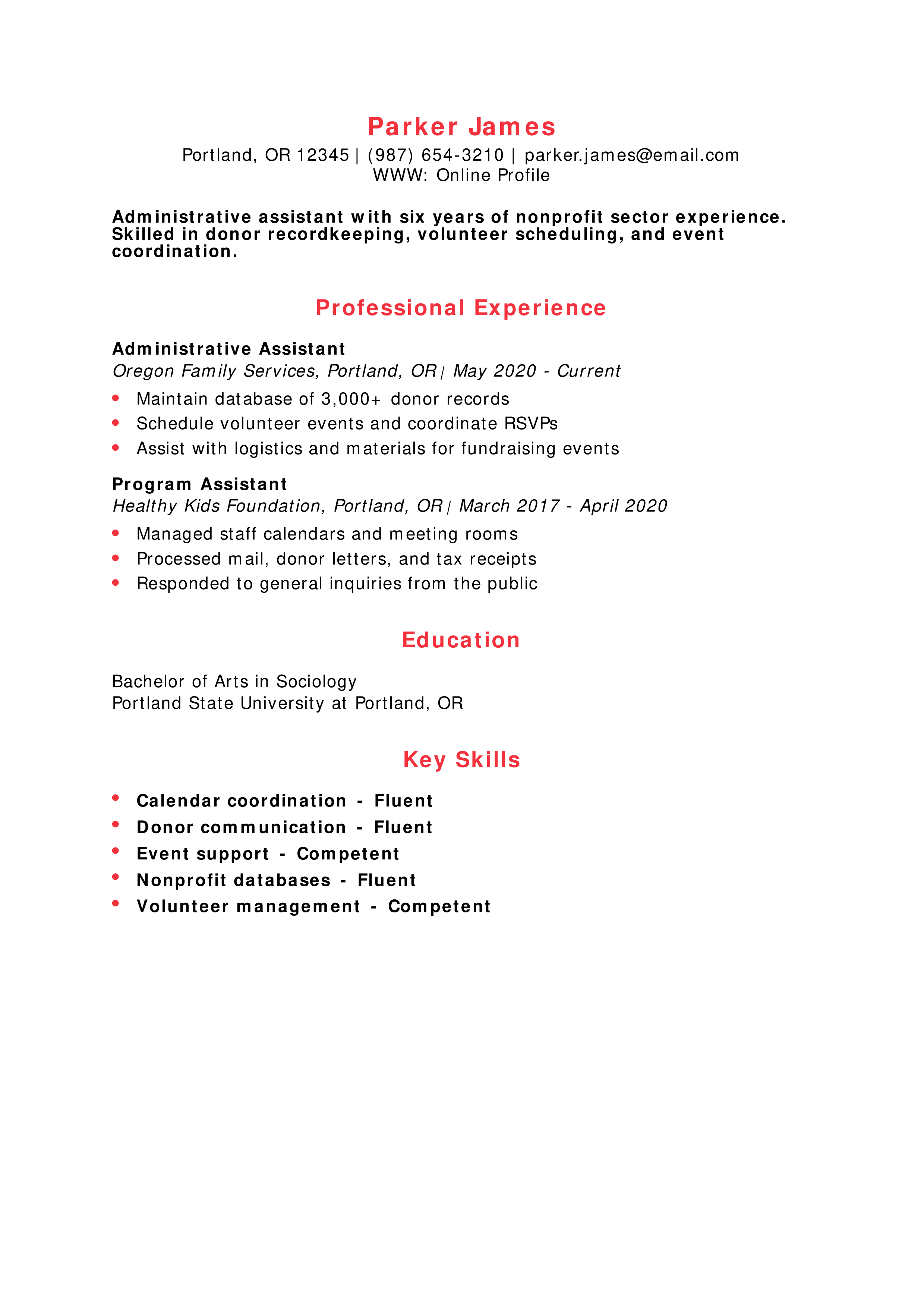 Nonprofit Administrative Assistant Resume
