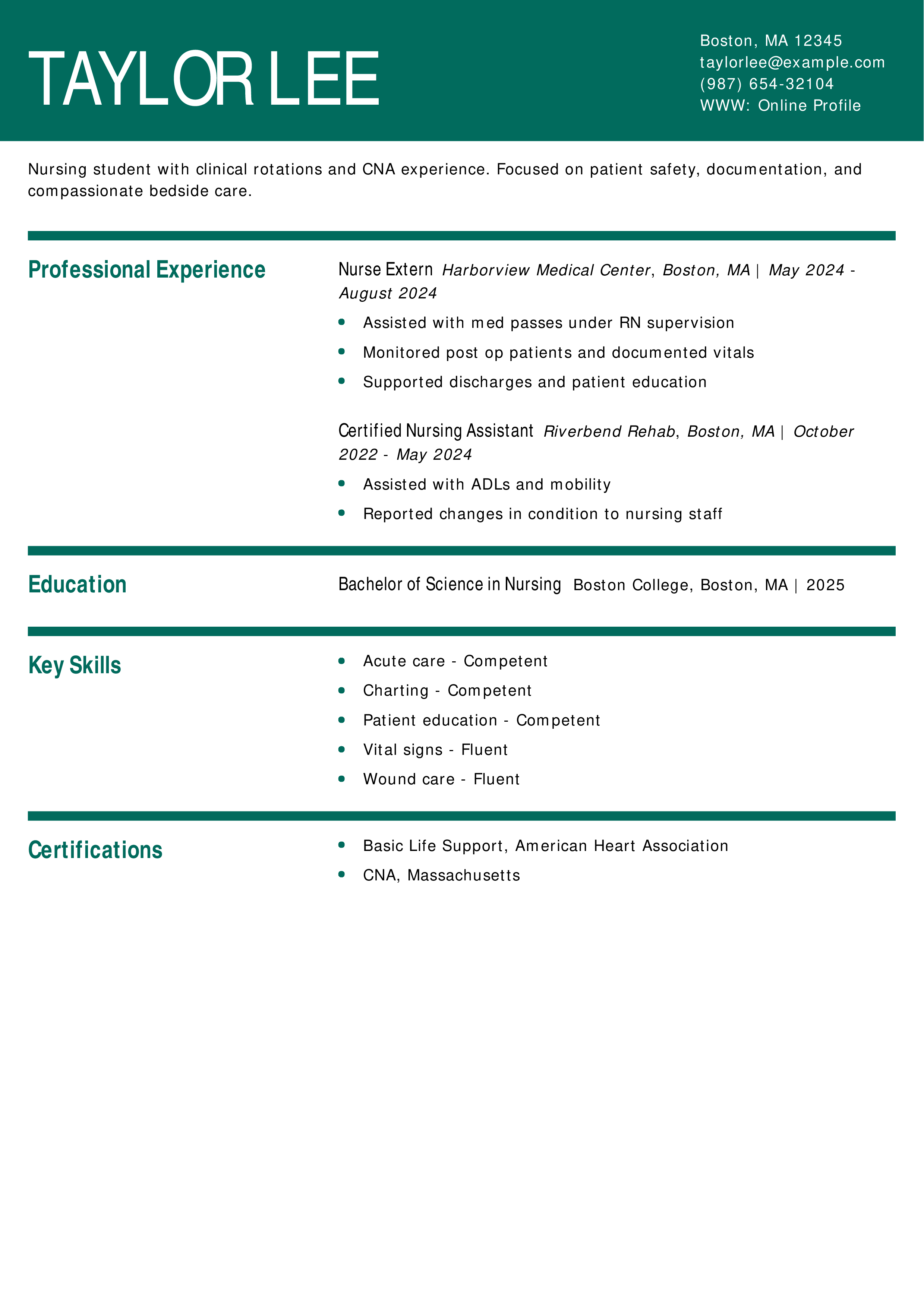Nursing Student Resume