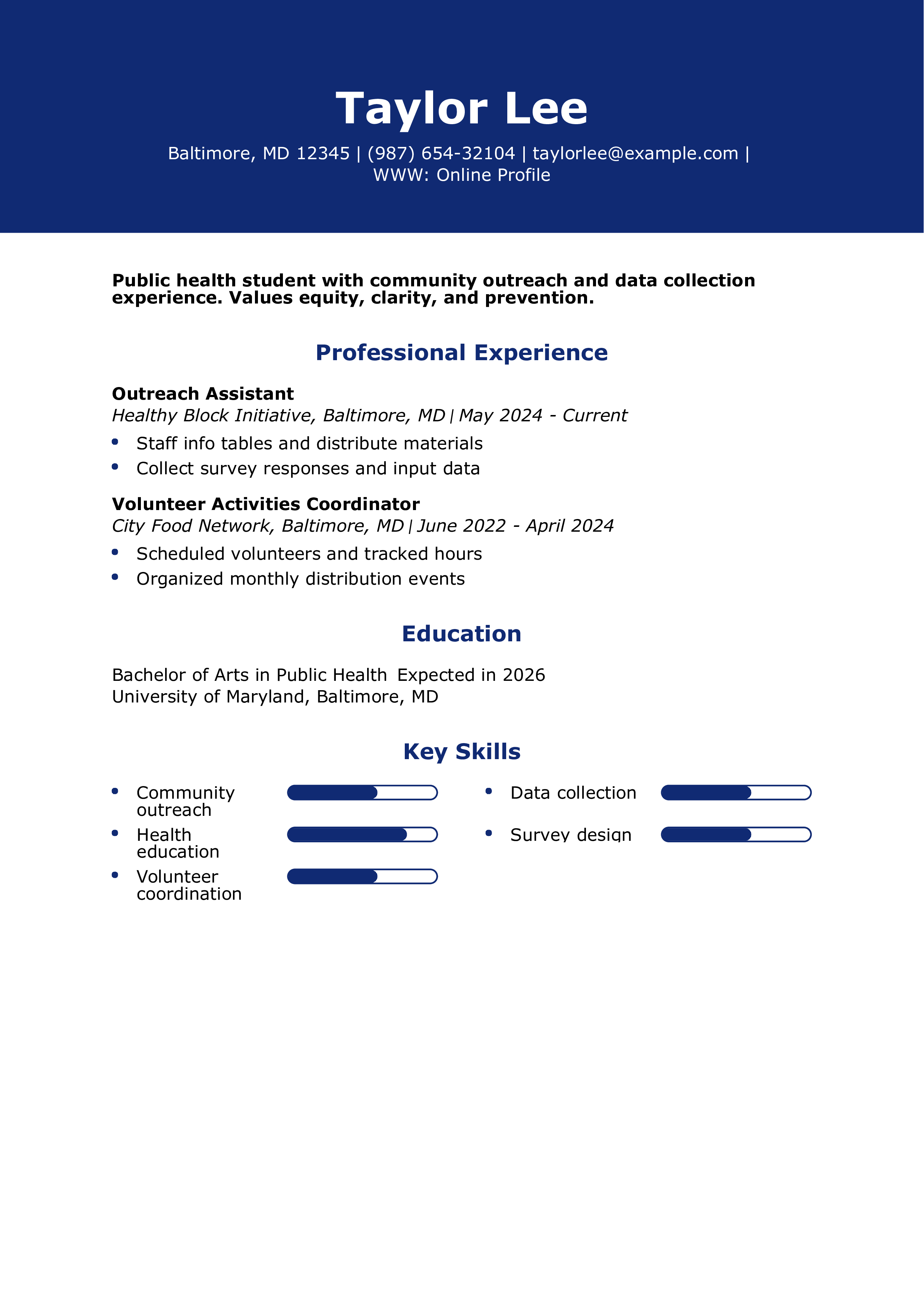 Public Health Student Resume