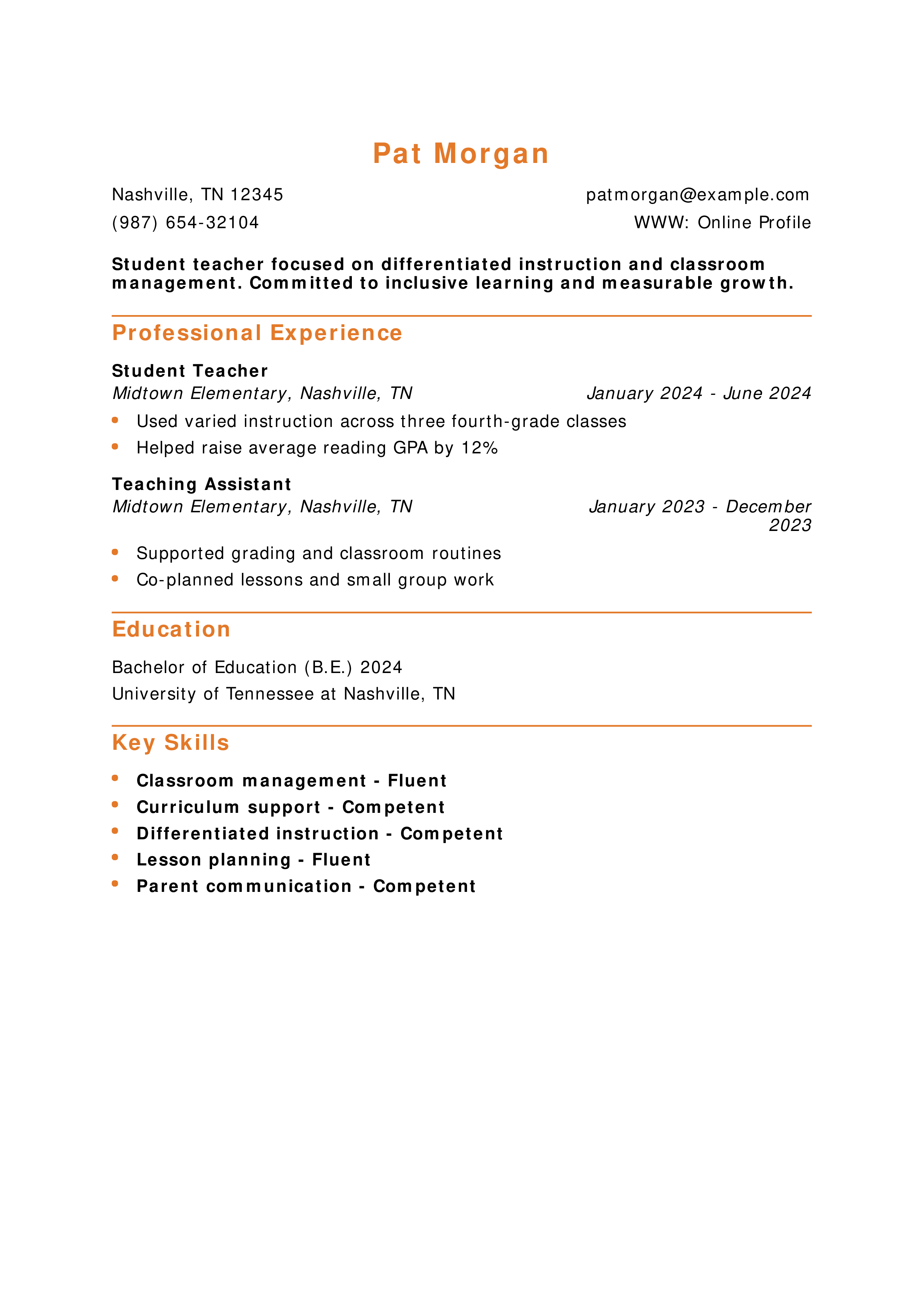 Student Teacher Resume