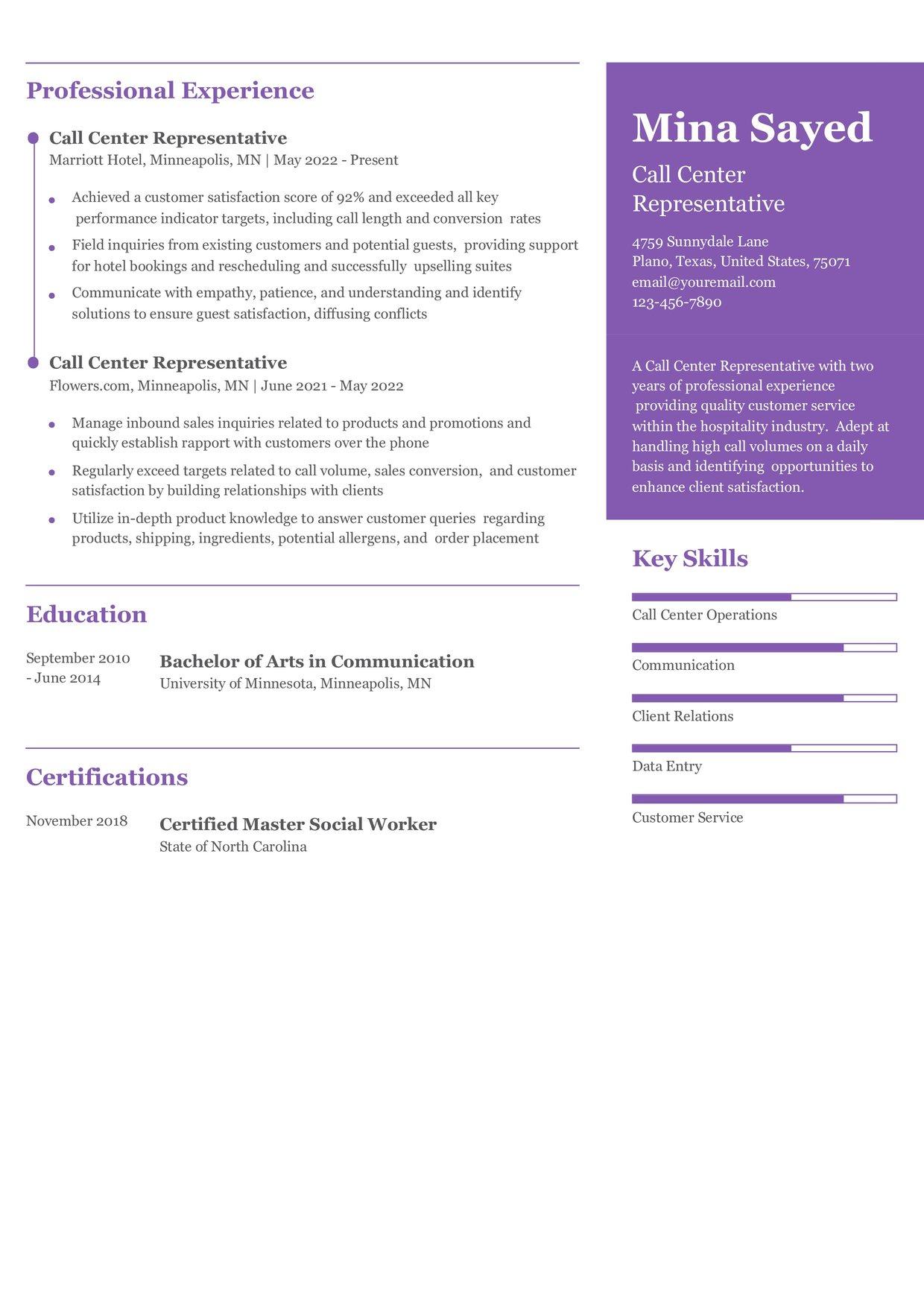 Call Center Representative Resume Example