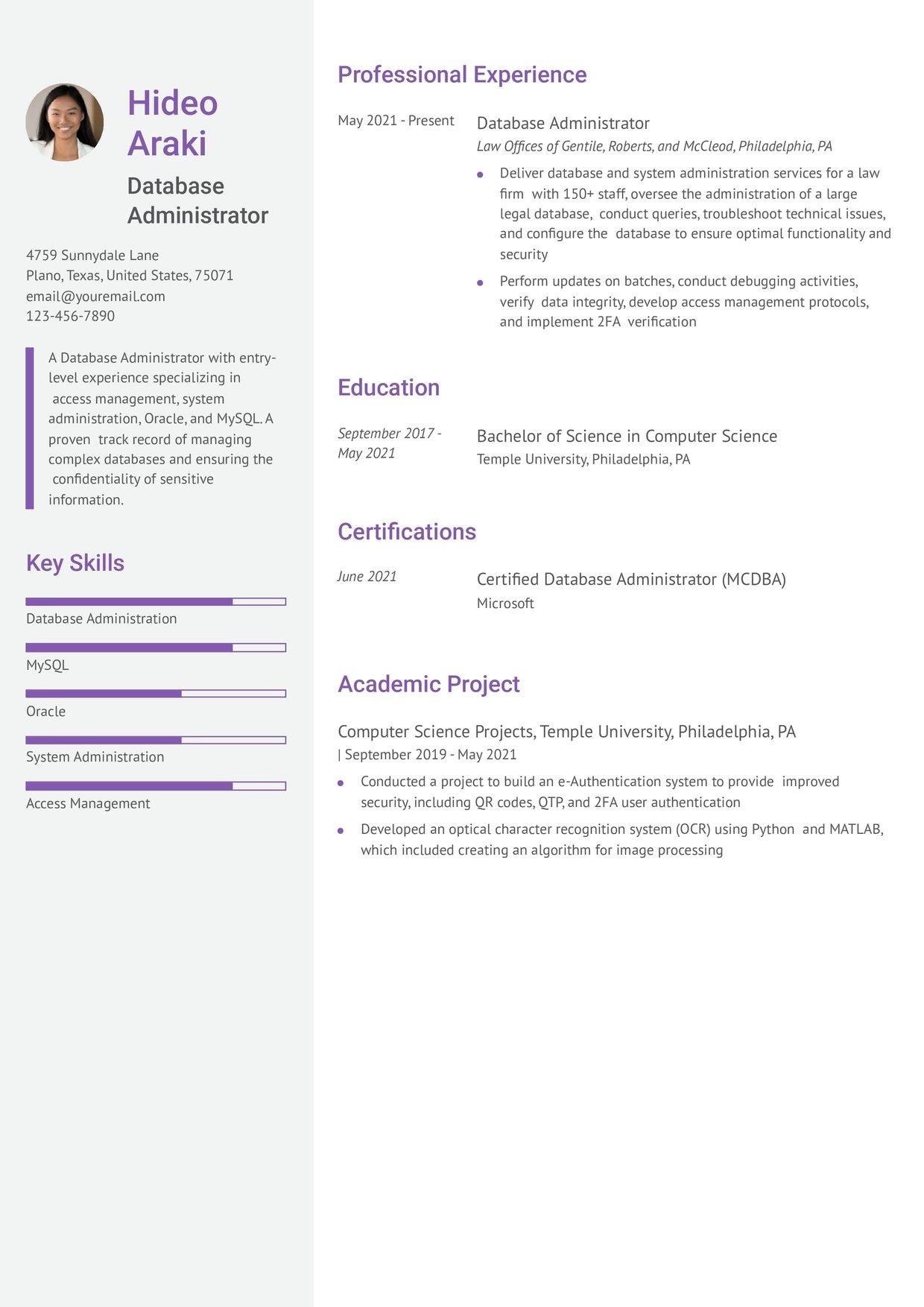 Entry Level Database Administrator Resume Example