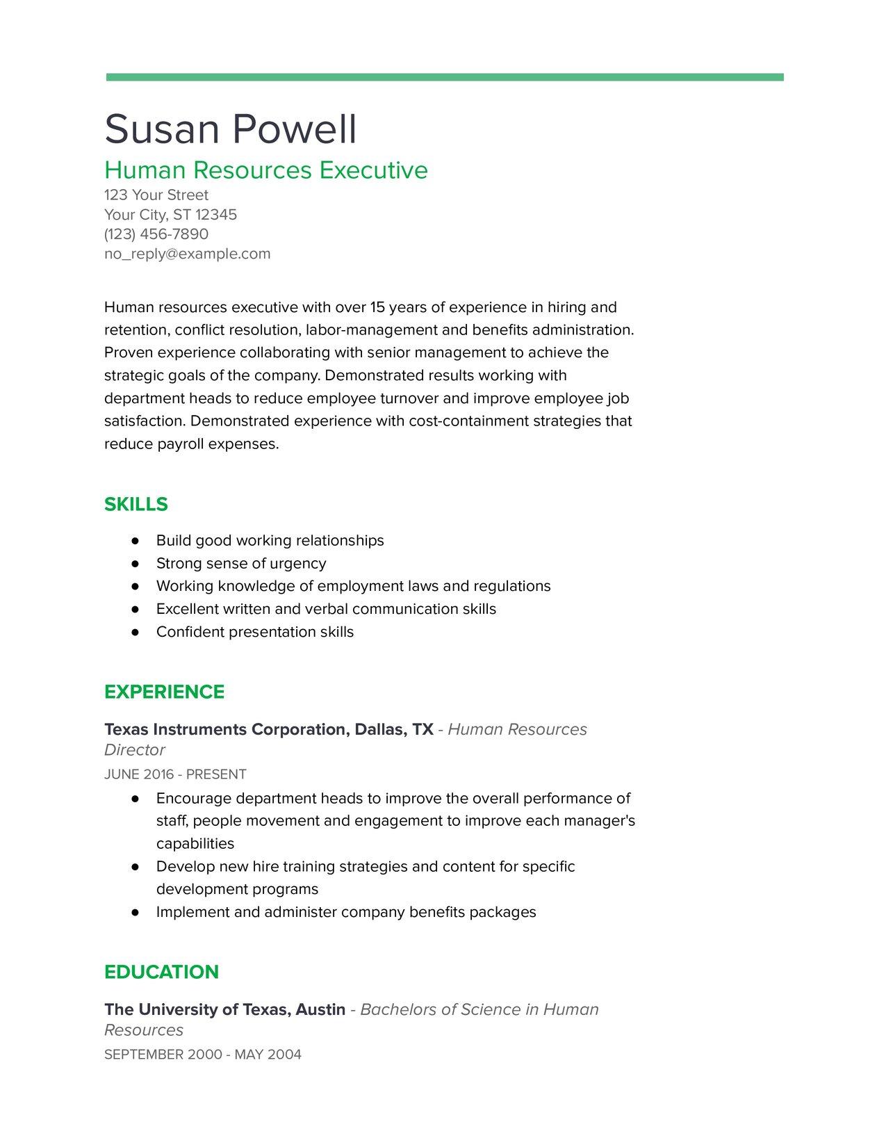 Human Resources Resume Example