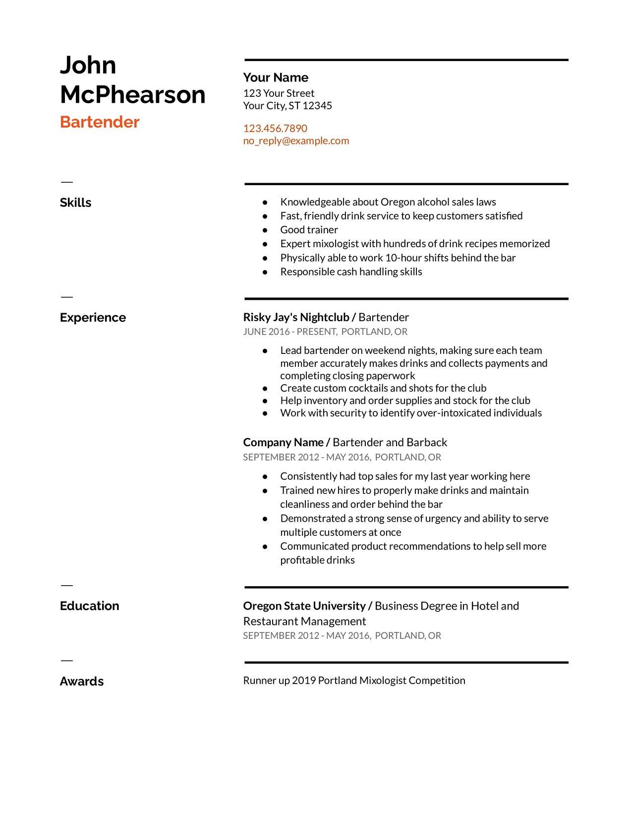 Bartender Resume Example