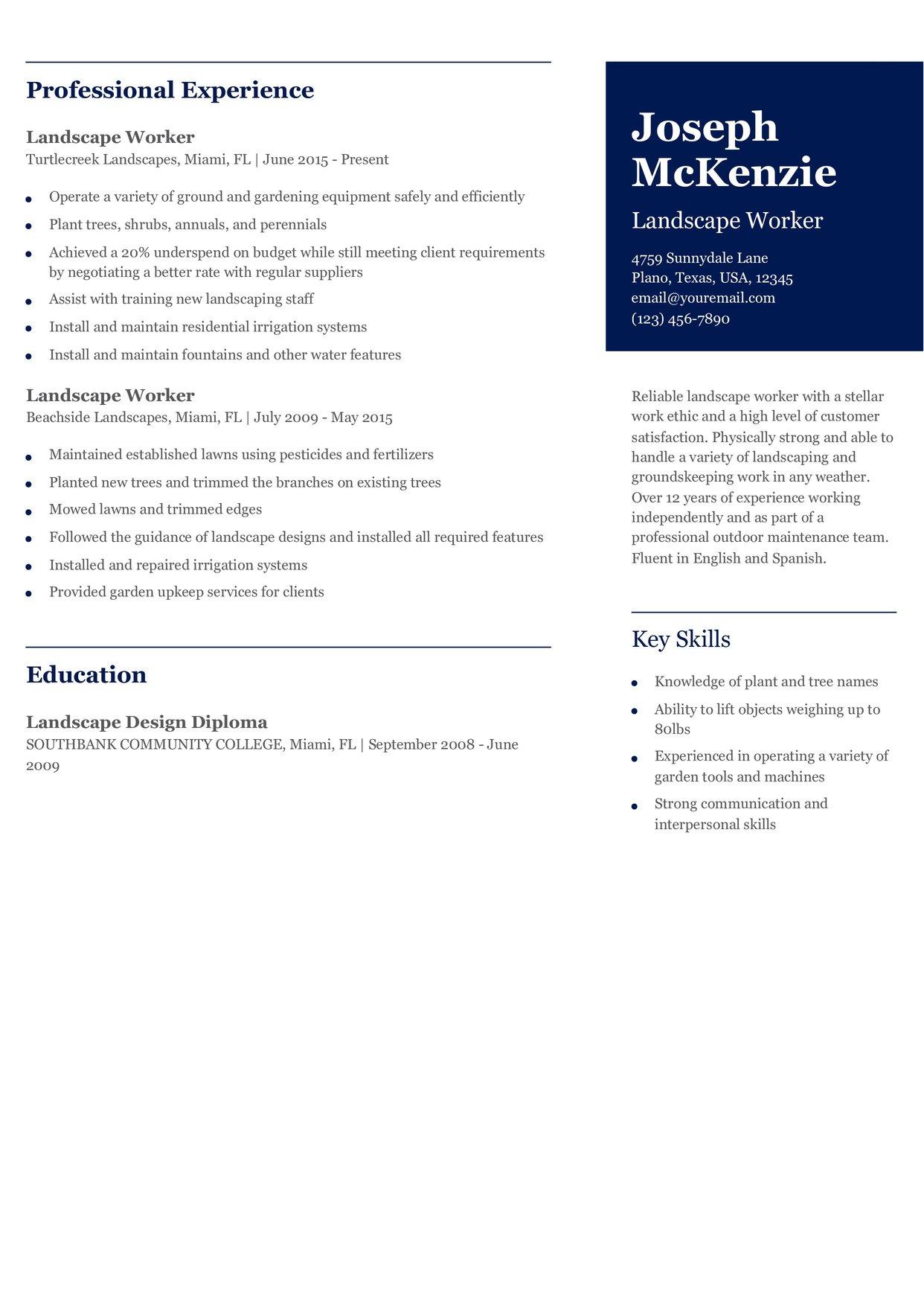 Landscape Worker Resume Example