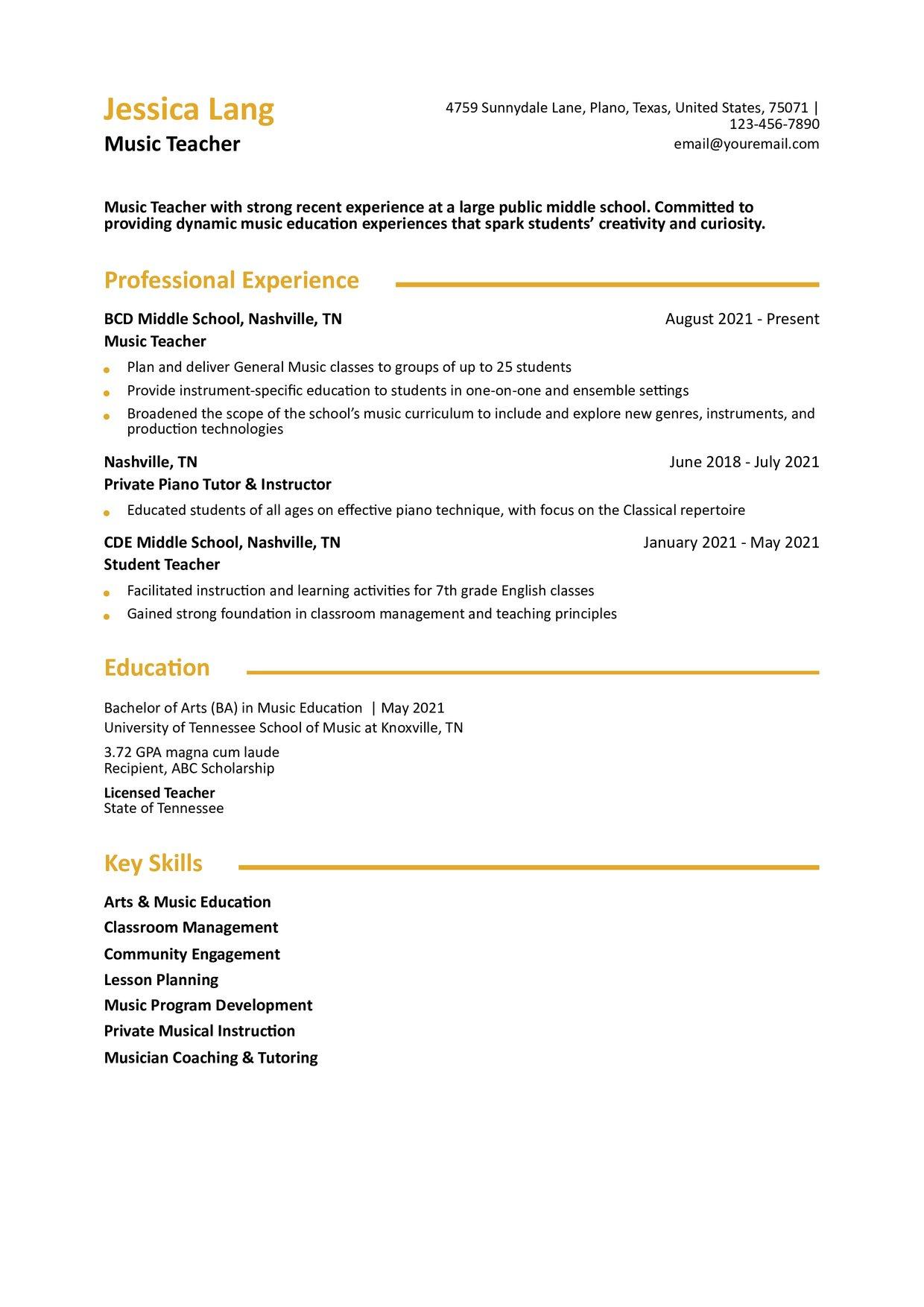 Music Teacher Resume Example