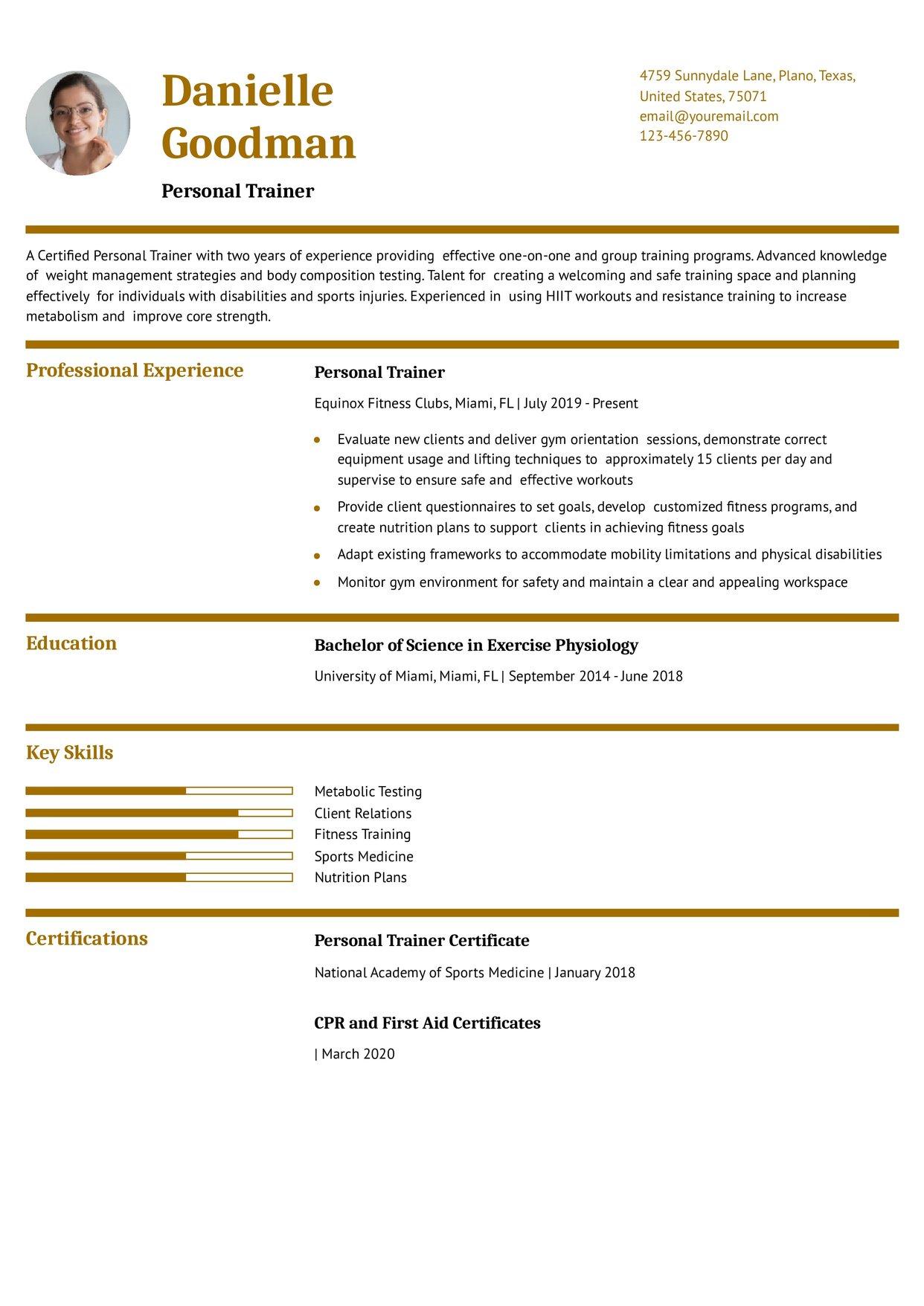 Personal Trainer Resume Example