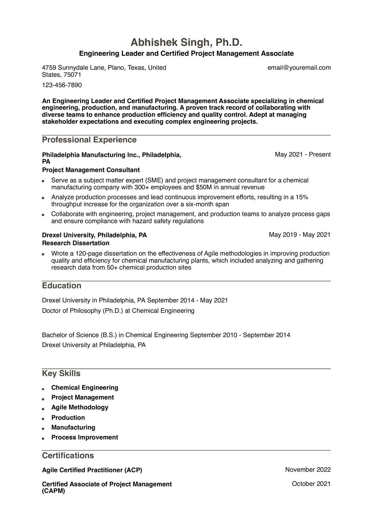 Ph.D. Resume Example
