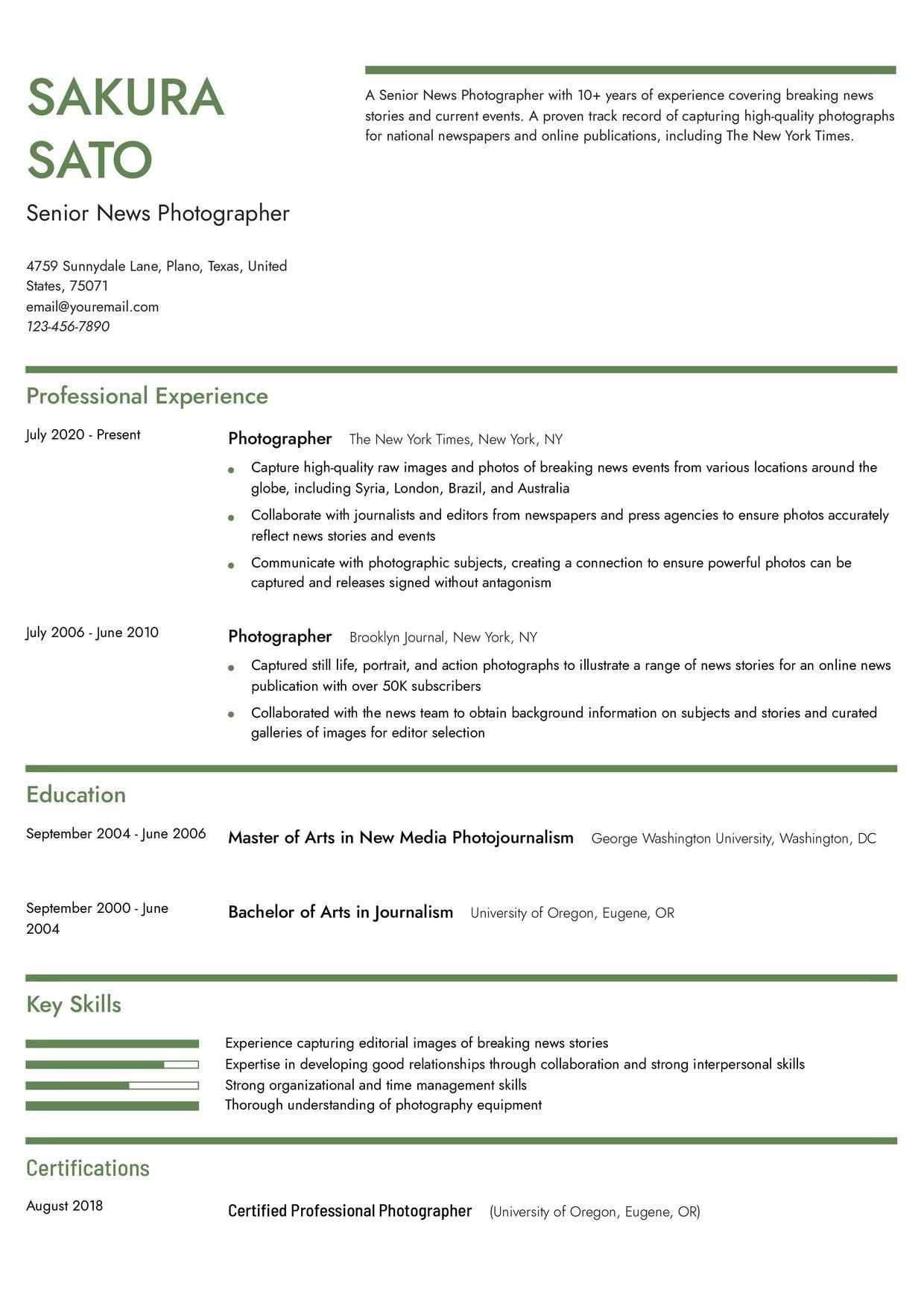 Photographer Resume Example